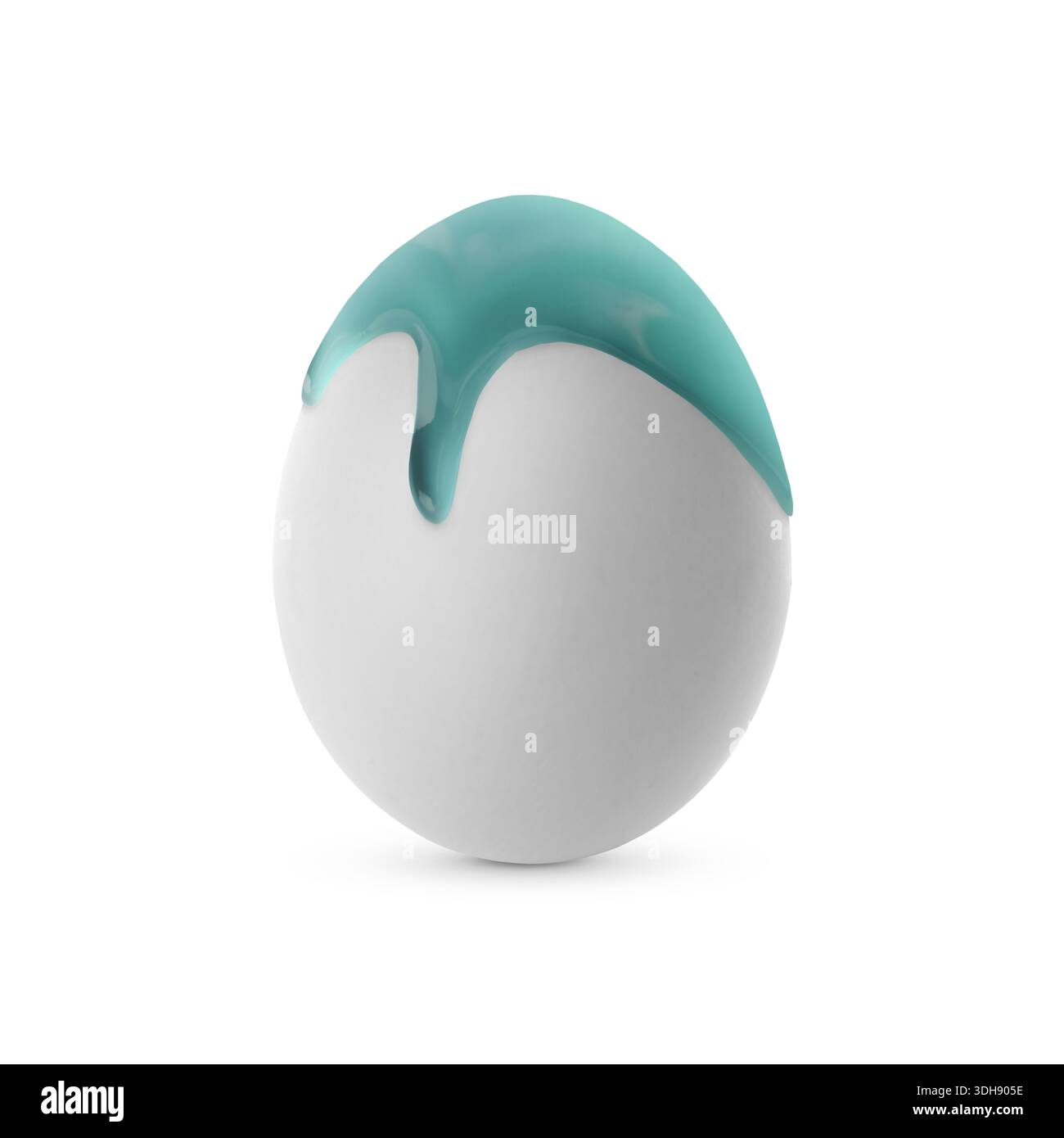 Turquoise paint down dripping egg on white background. Easter celebration Stock Photo