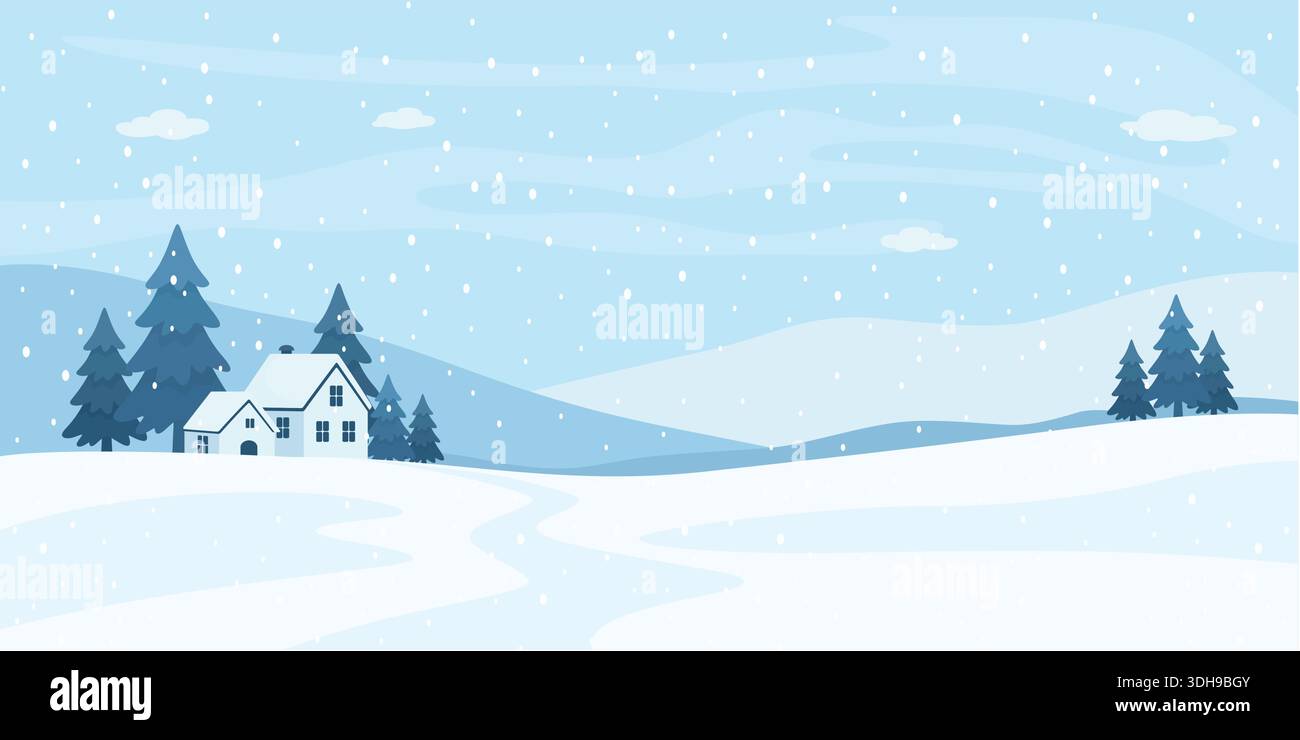 Vector Winter Snow Landscape Background with Snowfall, Pine Trees and ...
