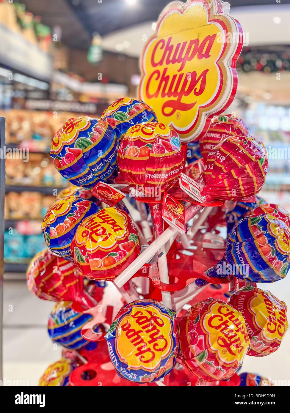 Malaga, Spain - December 21, 2025: Colorful Chupa Chups lollipops