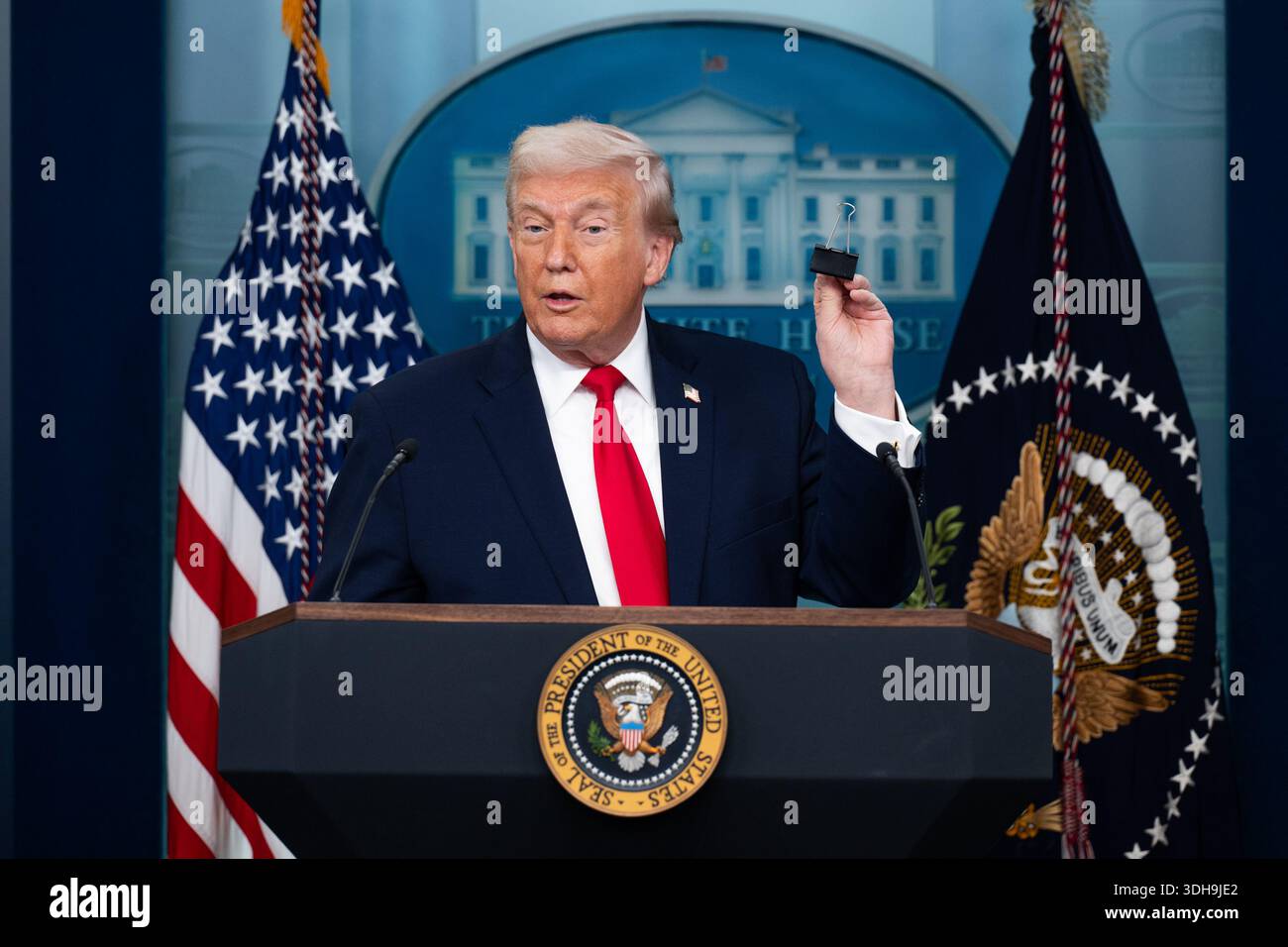 U.S. President Donald Trump speaks at the White House press briefing at ...