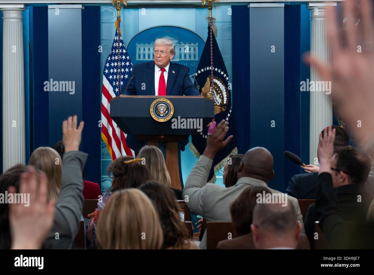 U.S. President Donald Trump takes questions at the White House press ...