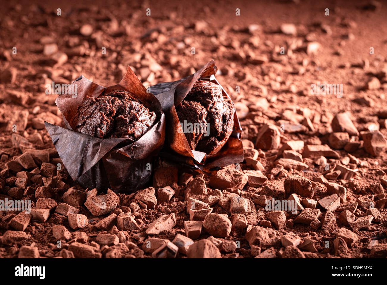 Dark chocolate muffins on chopped dark chocolate and cocoa. Muffins on chocolate and cocoa background. Stock Photo