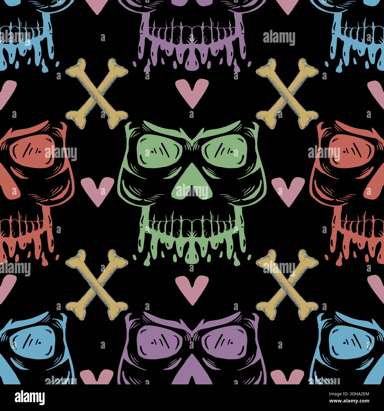 Seamless pattern with skulls, bones and hearts. Halloween background. Vector illustration. Stock Vector