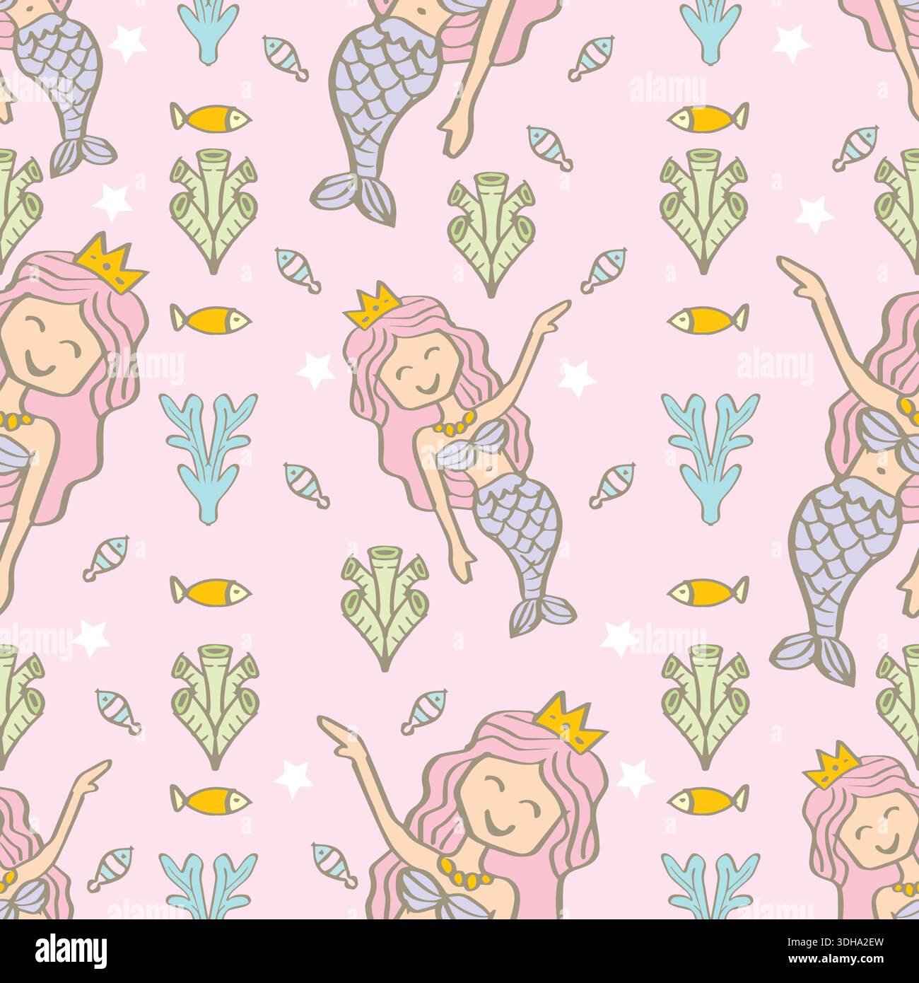 Seamless pattern with cute mermaids and seaweed. Vector illustration. Stock Vector