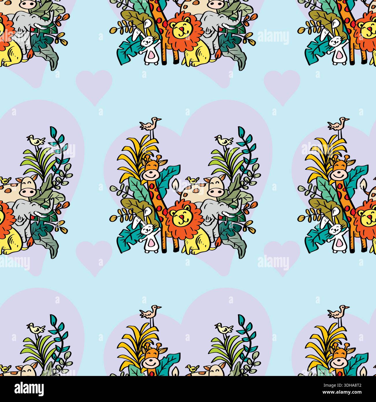 Seamless pattern with cute safari animals and tropical leaves. Vector ...