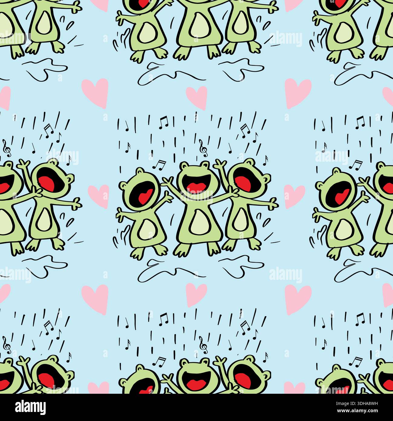 Seamless pattern with cute cartoon frogs singing. Vector illustration ...
