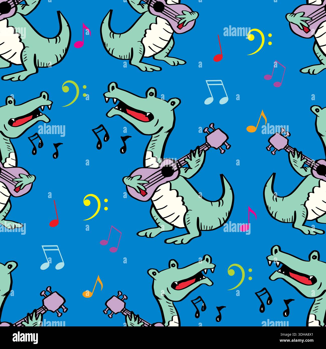 Seamless pattern with crocodiles and musical notes. Vector illustration. Stock Vector