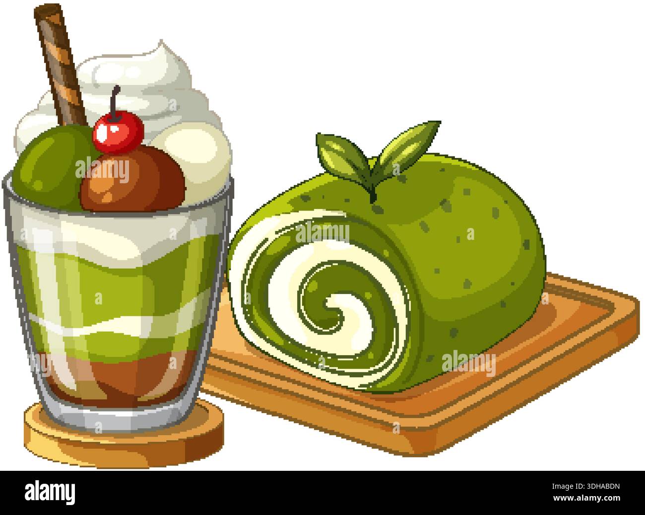 Vector illustration of a matcha swiss roll and layered parfait on a white background Stock Vector