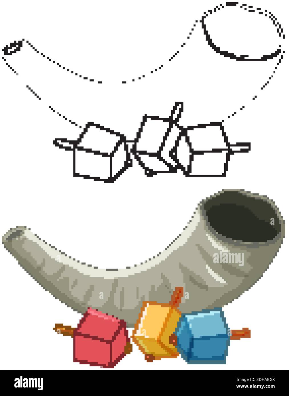 Hand drawn shofar and dreidels in both outline and colored cartoon vector styles Stock Vector