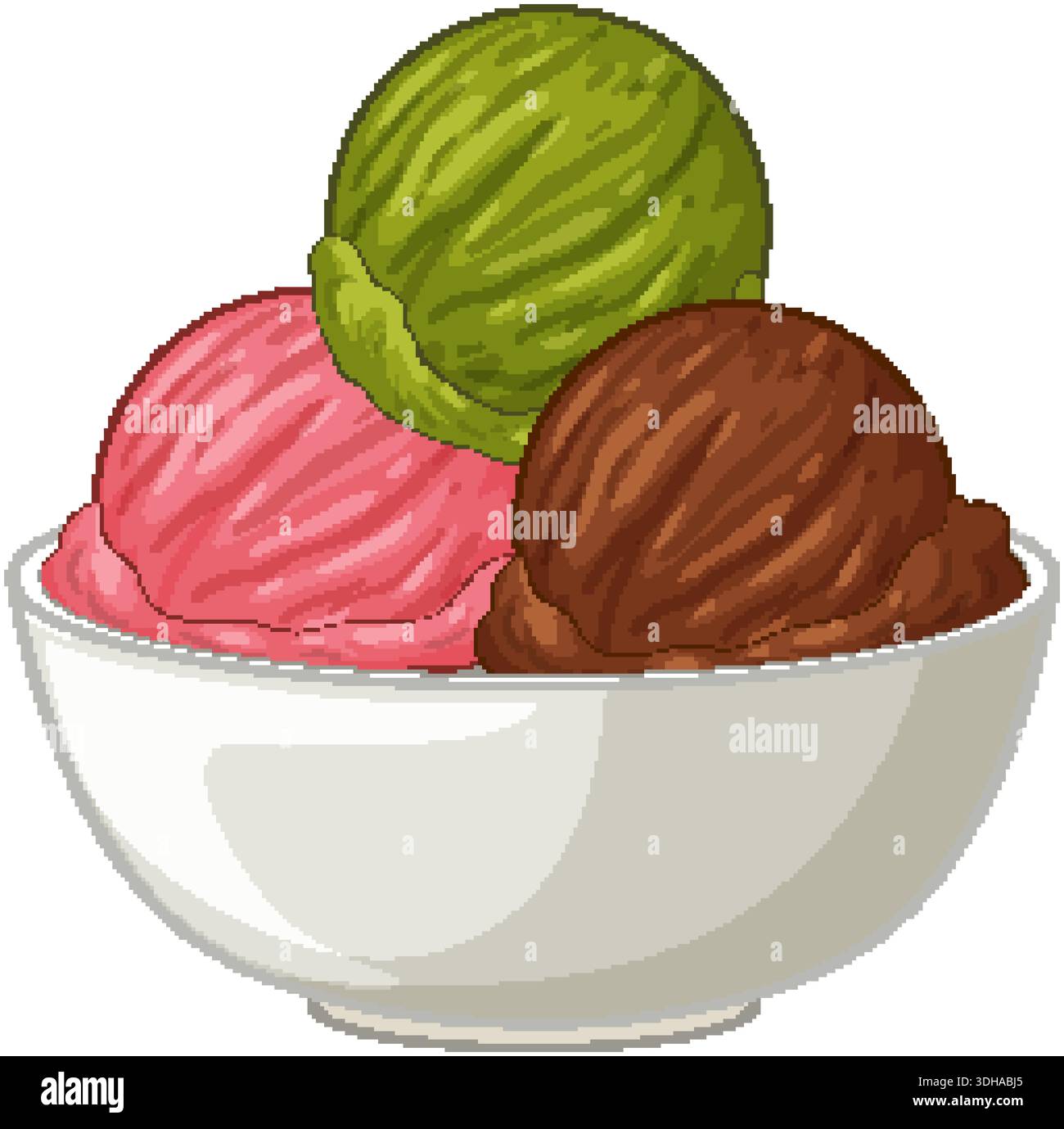 Assorted flavored ice cream scoops rest inside a simple white ceramic bowl vector graphic Stock Vector