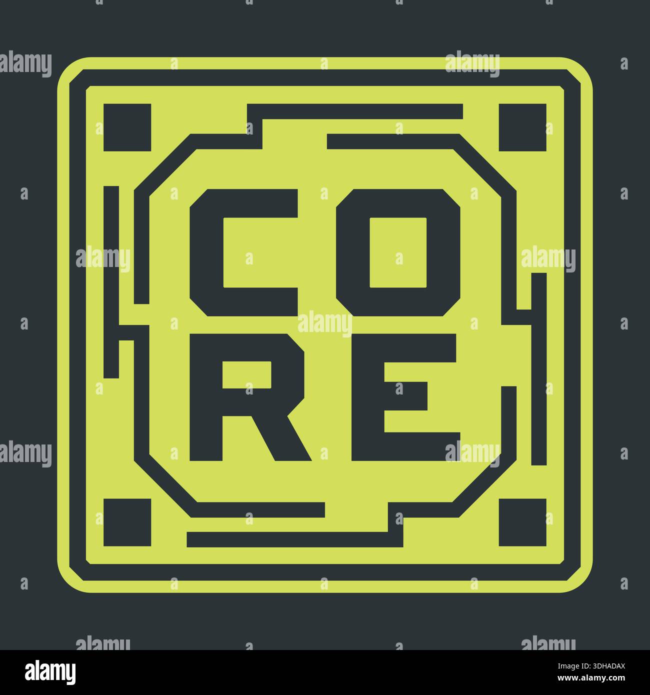 Bright neon green square frame with rounded corners and inner corner blocks suggesting a tech panel window. Stock Vector