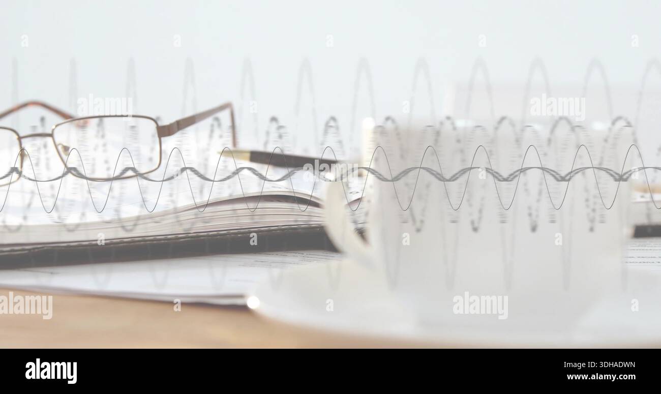Featuring notebook with rectangular glasses and pen lying on pages on wooden desk, waveform overlay Stock Photo