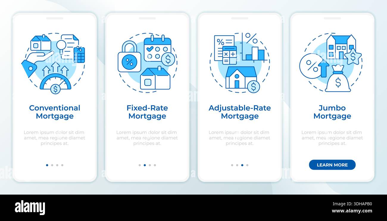 Mortgage types blue onboarding mobile app screen Stock Vector