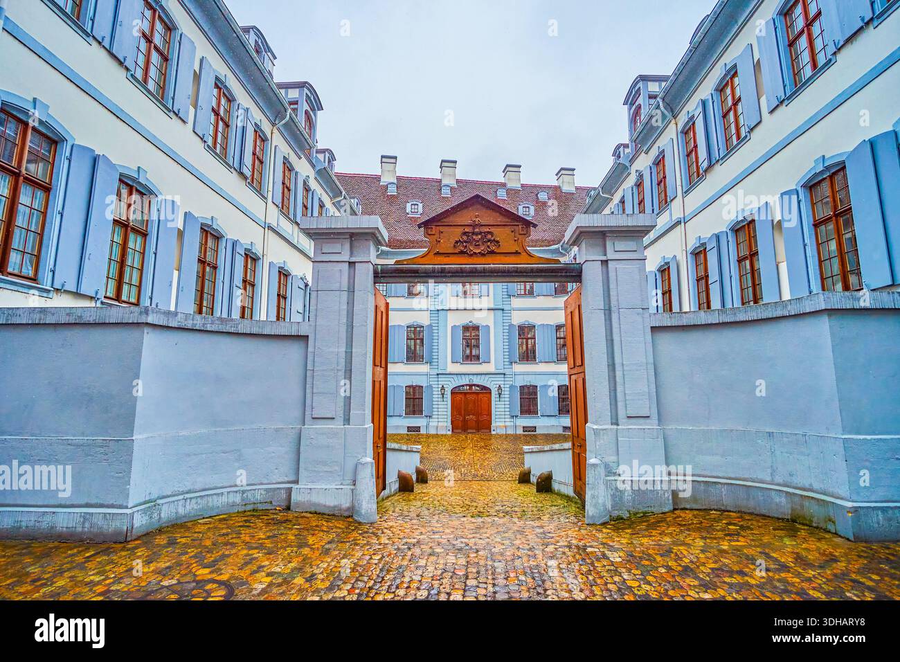 Historic gate and courtyard of government building on Martinsgasse street, Basel, Switzerland Stock Photo