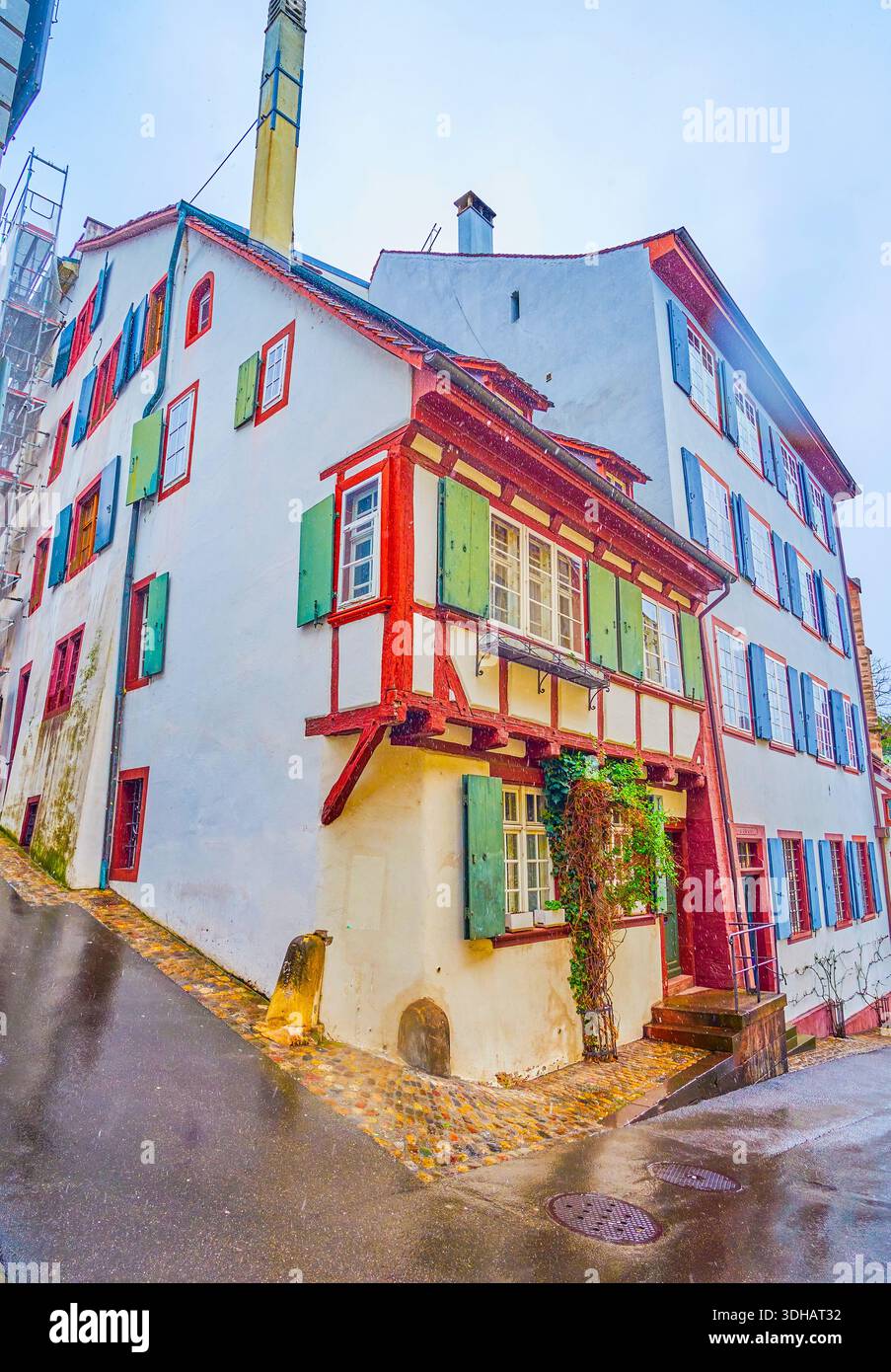 Medieval part of Basel city with authentic Swiss half-timbered houses ...