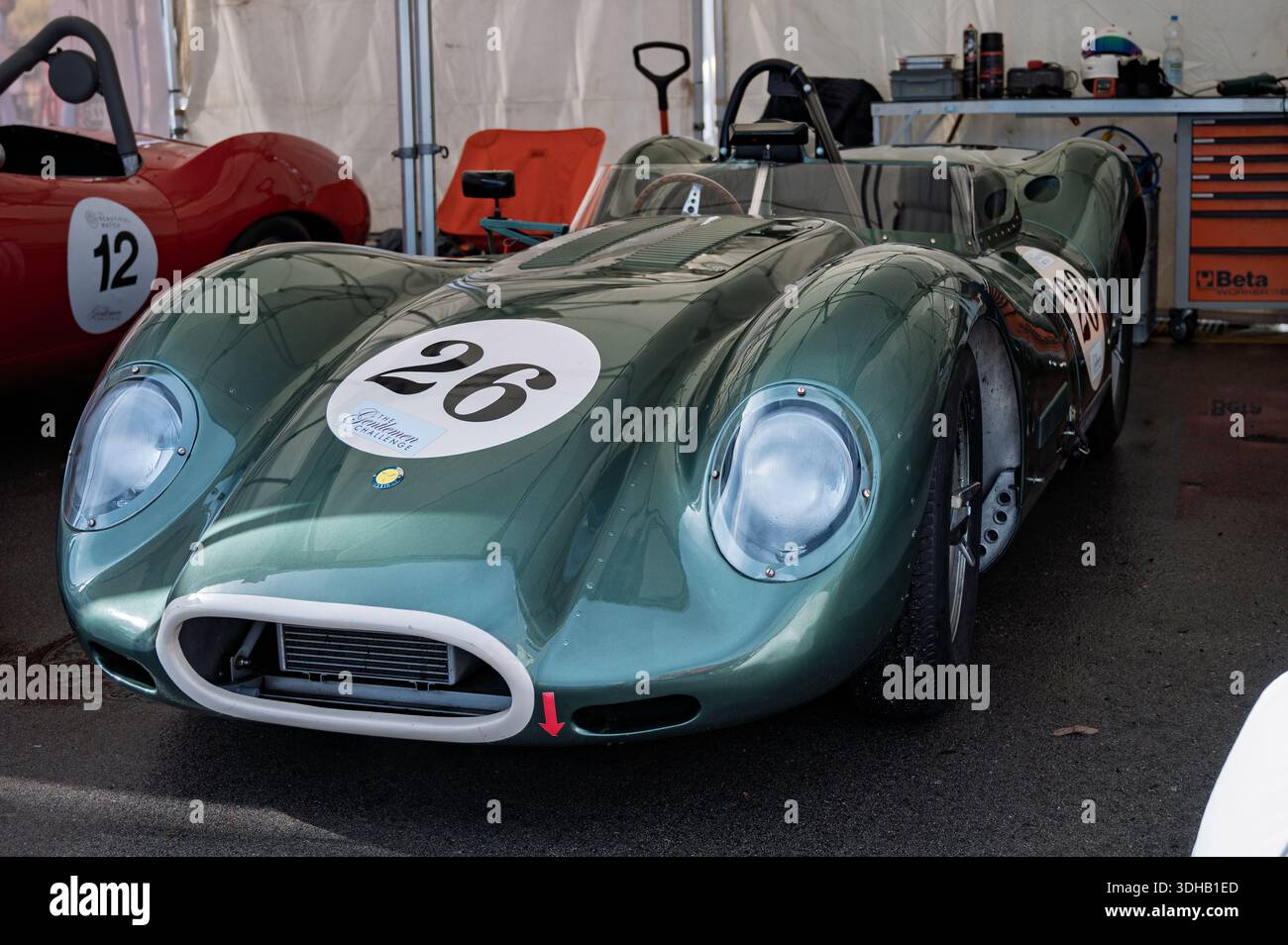 Front view of an exclusive green 1960 Lister Jaguar Knobbly, a classic ...