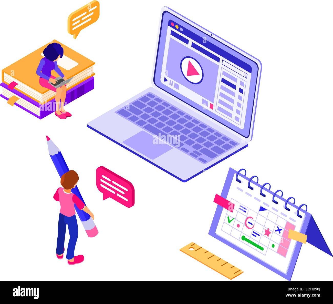 Online education or distance exam with isometric character internet course e-learning from home boy and girl online studying on laptop isometric educa Stock Vector