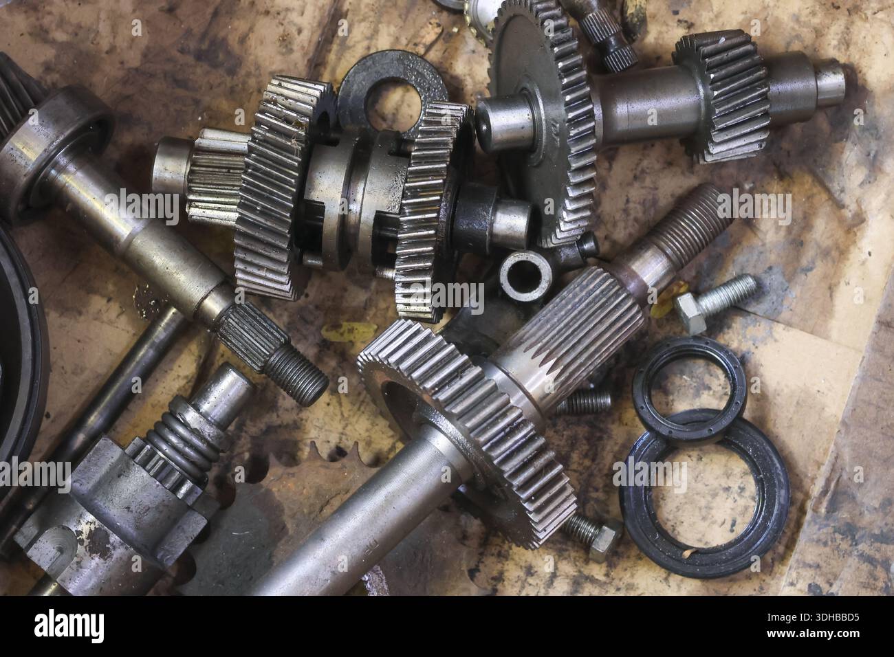 Old dirty metal gear parts from car gearbox lying on oily cardboard showing industrial mess and broken machine components in garage repair shop for se Stock Photo