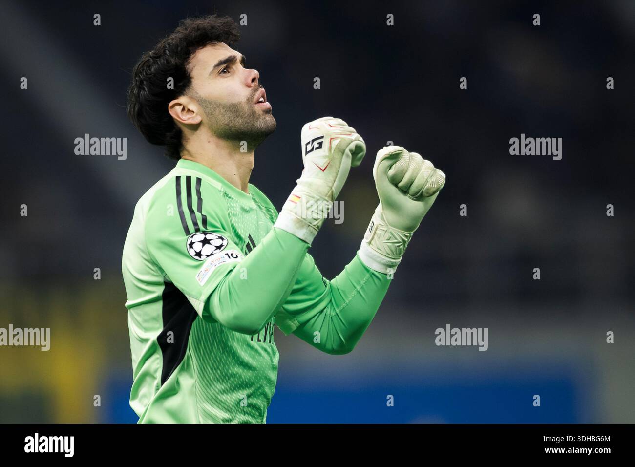 David Raya of Arsenal FC celebrates during the UEFA Champions League ...