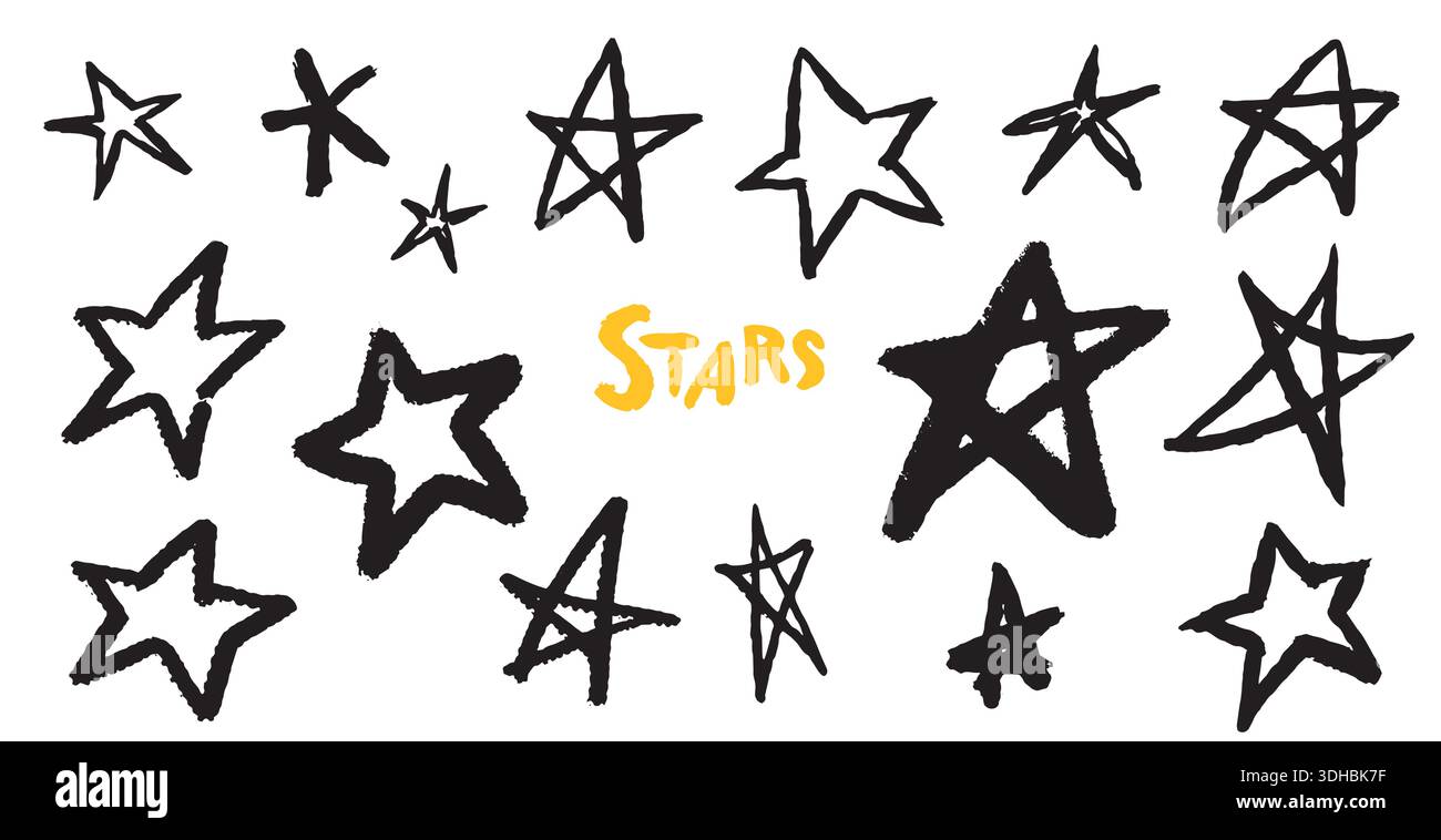Cute simple stars. Grunge Brush drawn icons done on paper. Colourful yellow stars in different shapes and forms.  Stock Vector