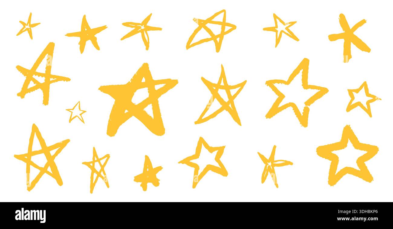 Cute simple stars. Grunge Brush drawn icons done on paper. Colourful ...