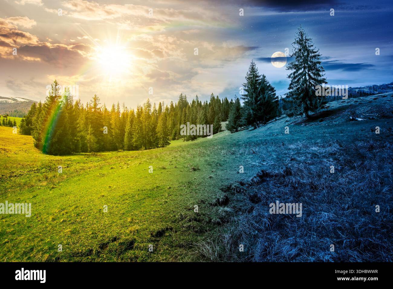 beautiful springtime weather in mountains. day and night time change concept. spruce forest on a grassy meadow with sun and moon. alpine landscape wit Stock Photo