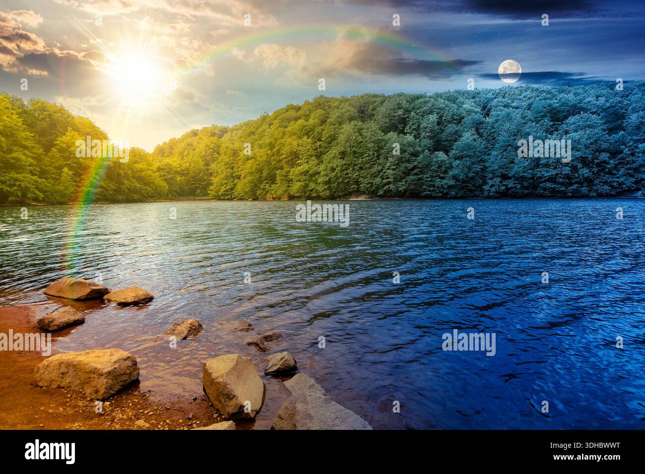 beautiful view of landscape with lake. day and night time change concept. body of water among beech forest in mountains with sun and moon at twilight. Stock Photo