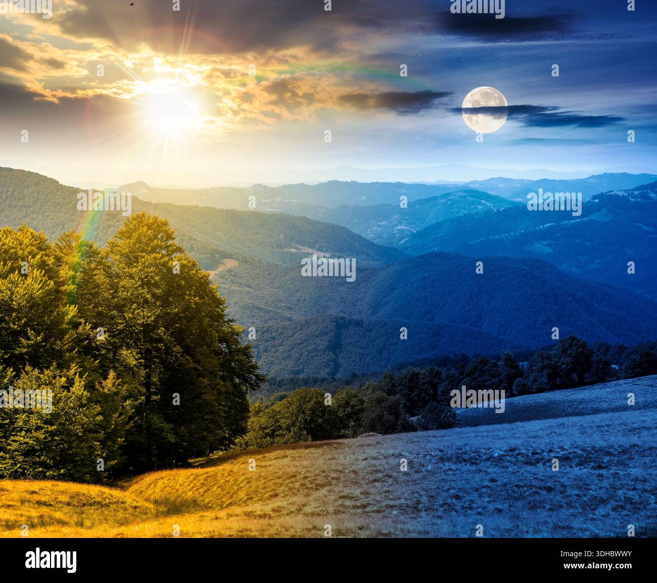 beautiful mountain landscape with beech trees on rolling hills. day and night time change concept. scenic view of alpine countryside scenery with sun Stock Photo