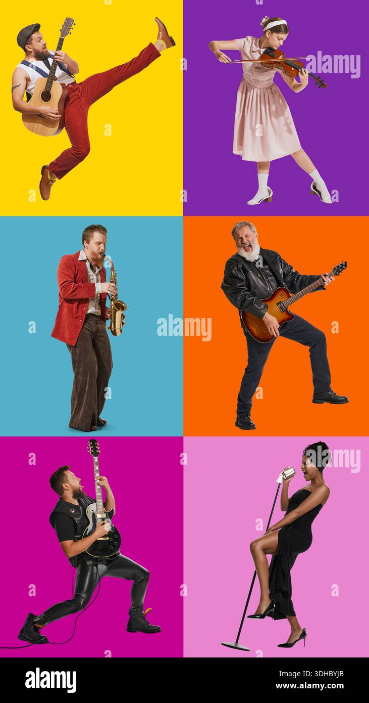 Musicians performing solo with instruments on bright backgrounds composition. Stock Photo