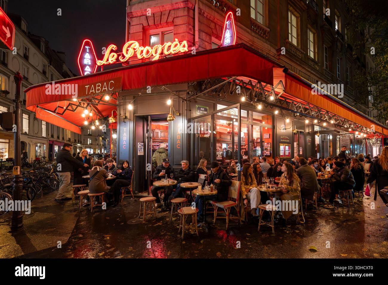 France, Paris, Marais District, rue de Bretagne street, bar le Progres Stock Photo
