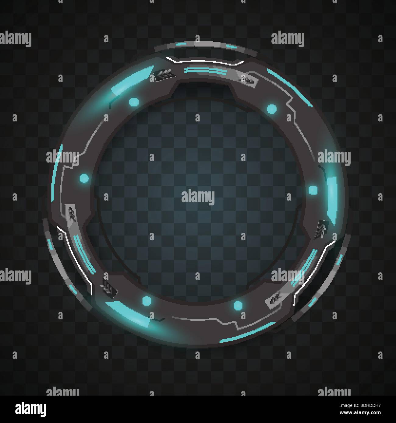 High-tech circular border with cyan neon glowing points. Ideal for game interfaces, sci-fi HUDs, technology portals, and digital avatar frames. Stock Vector