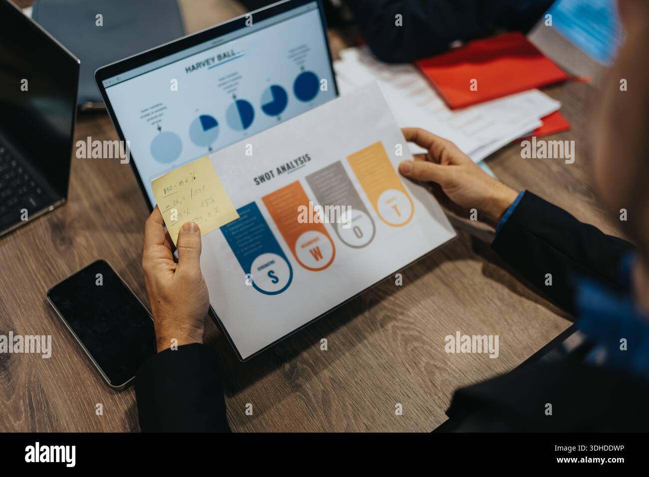 Business team reviews SWOT analysis and colorful charts from a printed deck on a wooden desk Stock Photo