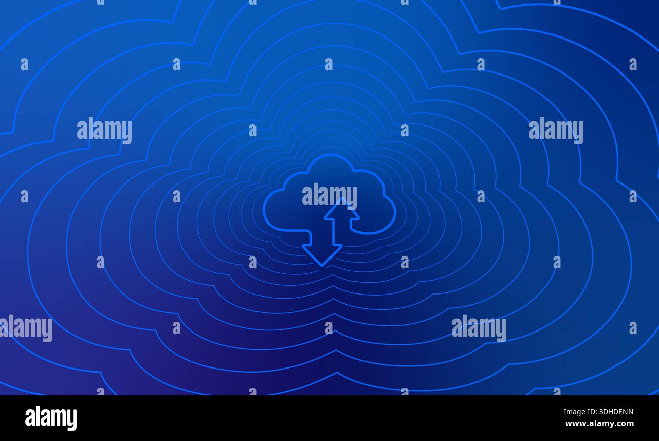 Cloud icon with upload download arrows radiating into a blue digital tunnel, representing data flow and scalable internet technology Stock Photo