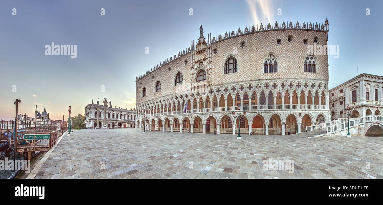 Wide view of Doge Palace at Saint Marks Square in Venice with iconic ...