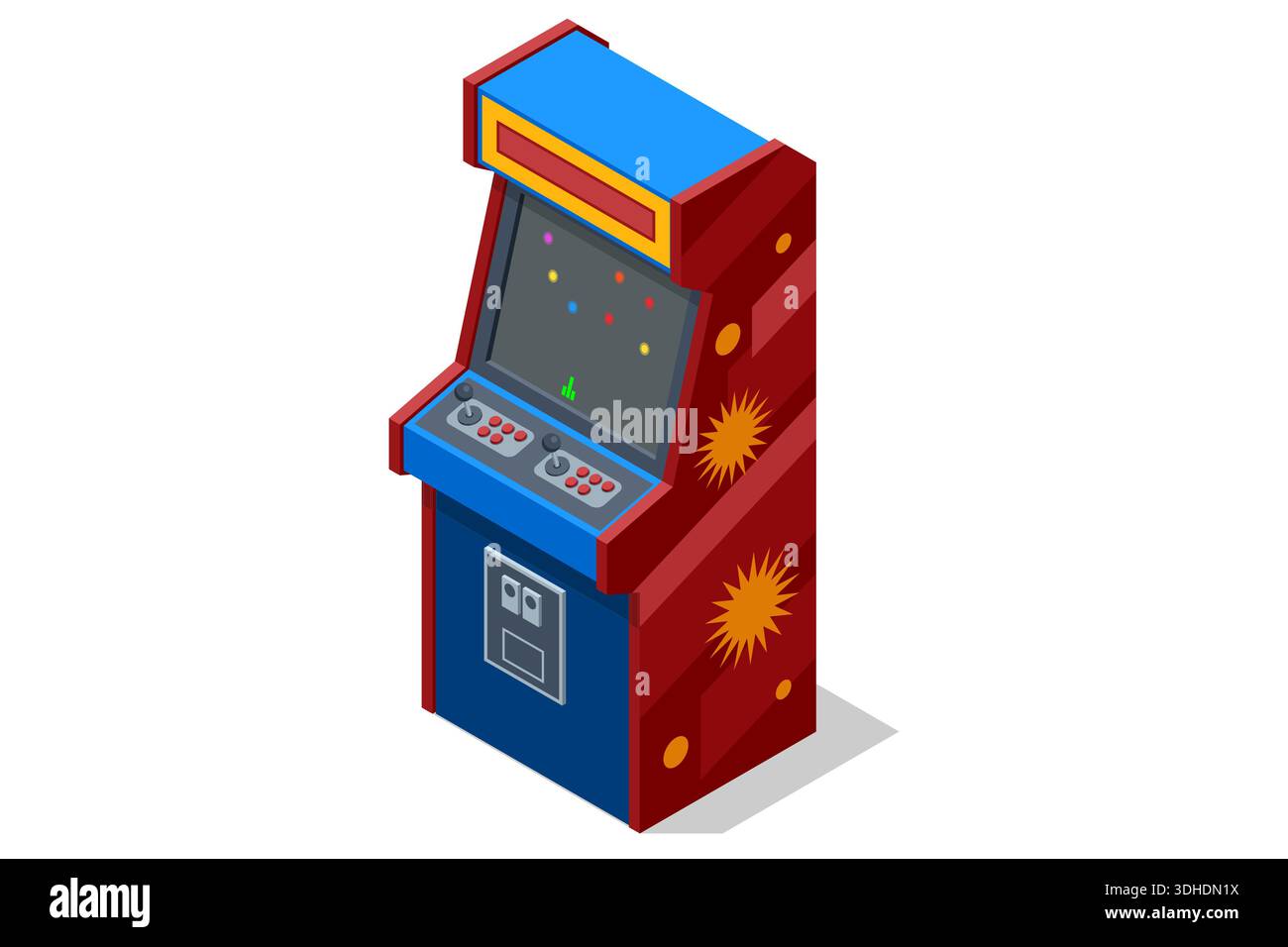 Arcade Machine. Isometric arcade machine with screen and joystick. Retro gaming entertainment concept isolated on white background. Stock Vector