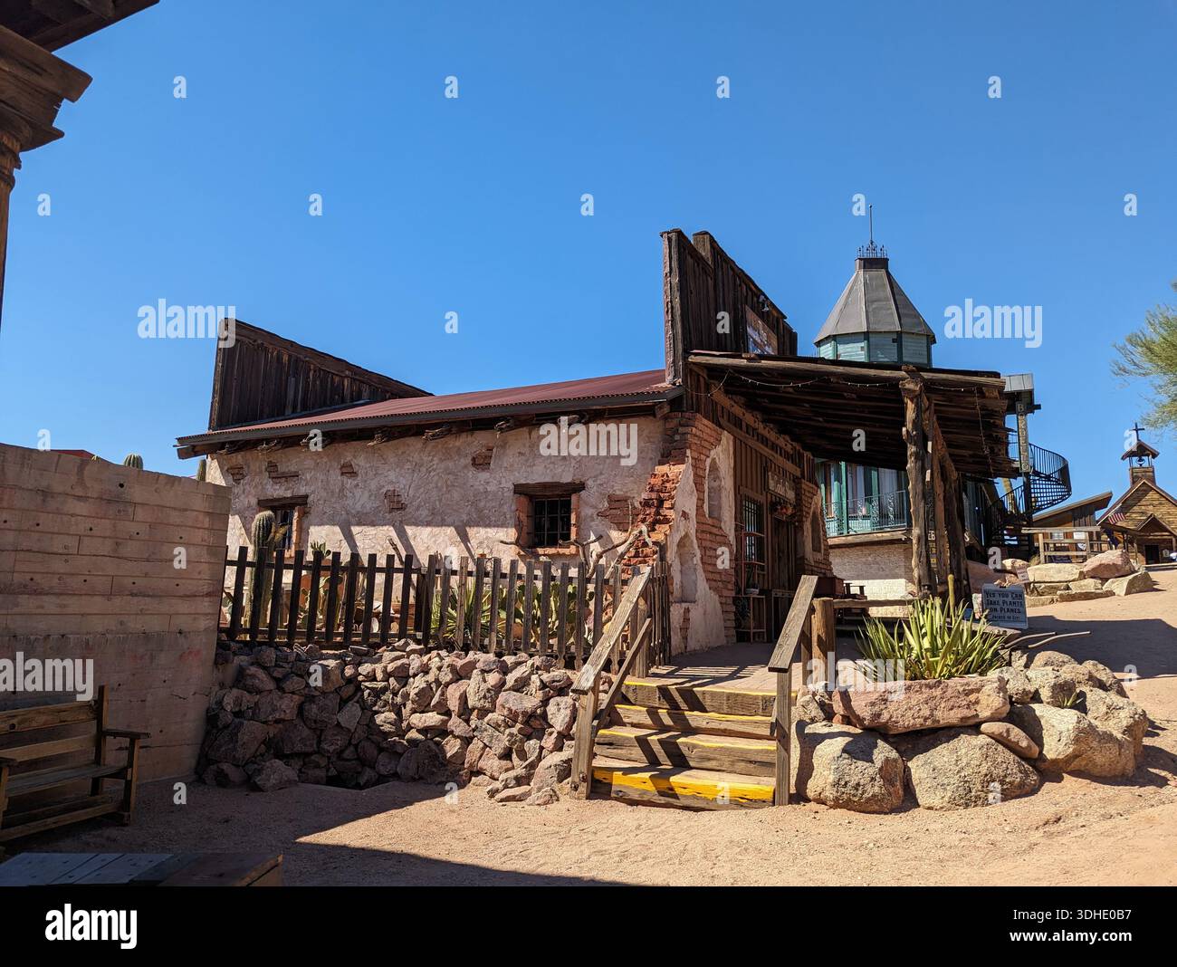Historic buildings and Old West scenery in Goldfield Ghost Town, a reconstructed 1890s mining settlement along the Apache Trail in Arizona, USA. - Smartphone Captured Stock Image