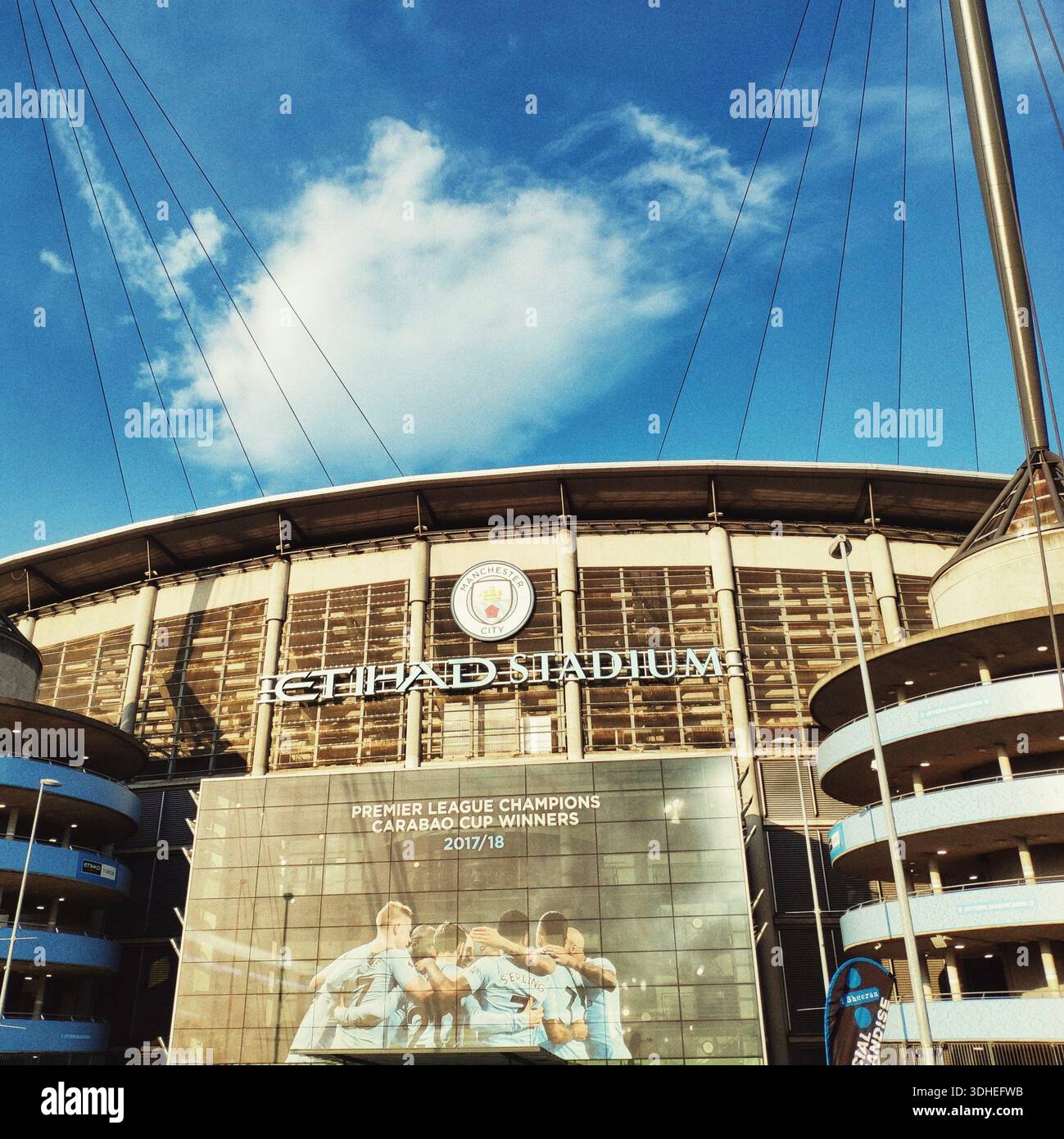 Etihad Stadium Exterior Under Blue Sky With Cloud Manchester City Etihad Stadium Exterior Under Blue Sky With Cloud Manchester City