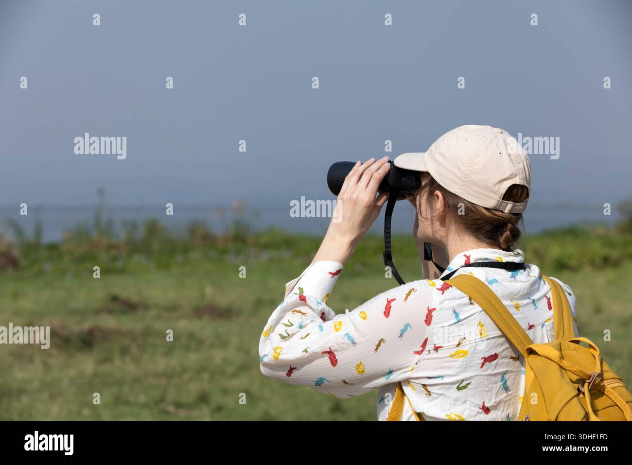 Woman with binoculars enjoying a beautiful view of the African savannah during a safari tour . Adventure and wildlife exploration in Africa. Stock Photo
