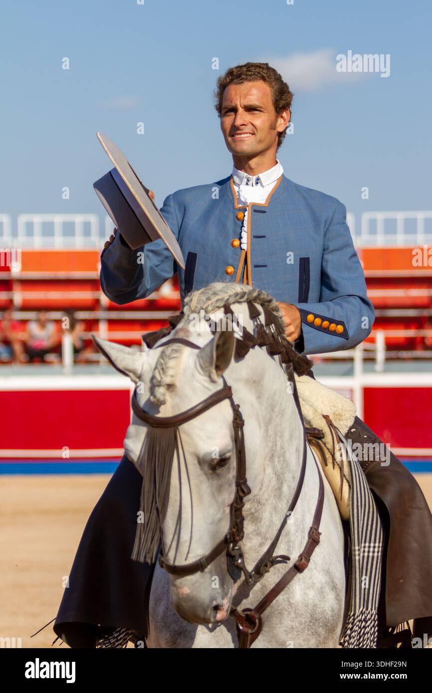 The bullfighter Raul Martin Burgos greets the authorities' box before the start of the bullfight. Stock Photo