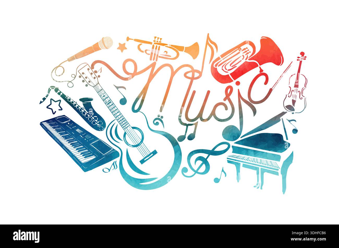 Abstract Music colorful. Many musical instruments. hand drawn. Not AI ...