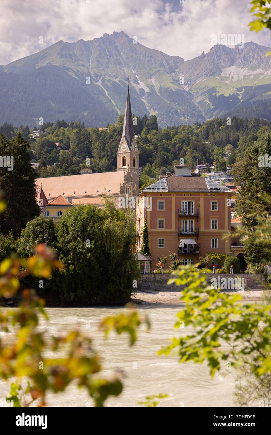 Beautiful scenery of Innsbruck, Austria, along the Inn River. Stock Photo