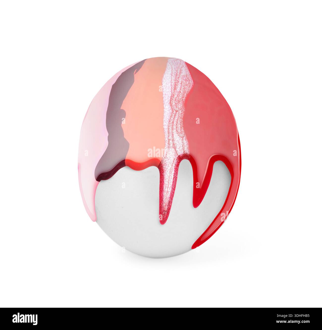 Colorful paint dripping down egg on white background. Easter celebration Stock Photo