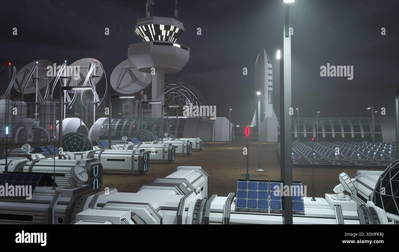 Interplanetary Tech Mars mining outpost late at night used for extraction of valuable ...