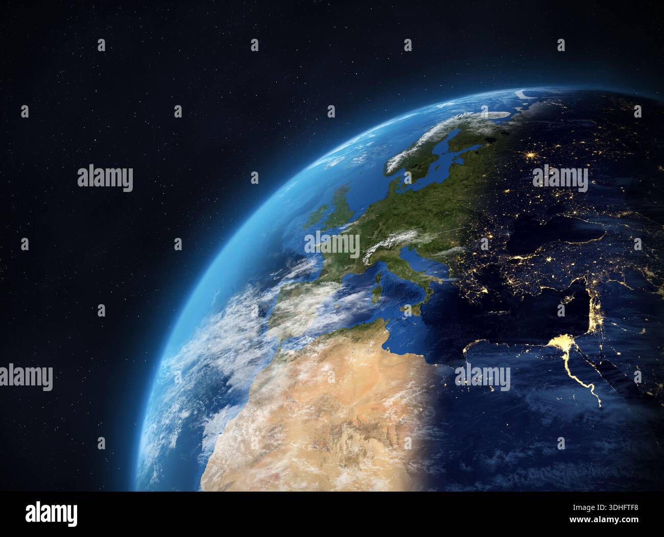Planet Earth in outer space. Europe, Africa and Asia. Terminator