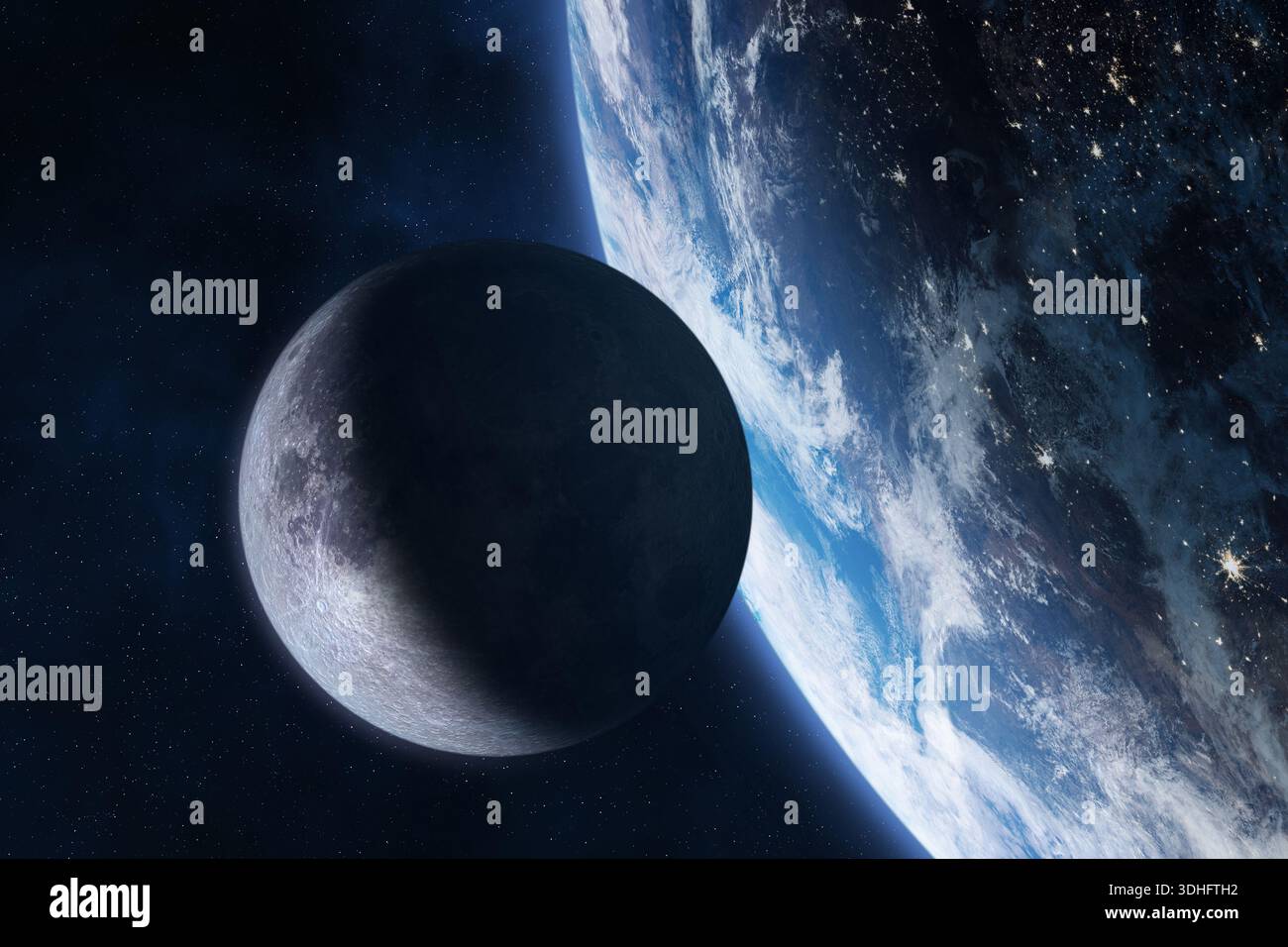 Earth and Moon in space. The Moon in the foreground and Earth in the background at night, with glowing city lights. This elements furnished by NASA. Stock Photo