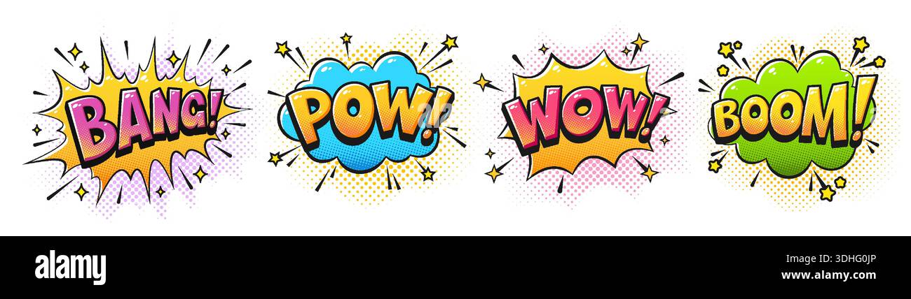 Bang Pow Wow Boom Lettering in Comic Explosive Vibrant Speech Bubbles. Pop Art Sound Effects in Retro Halftone Style. Colorful Bright Explosion Shapes for Stickers and Posters. Vector Illustration Stock Vector