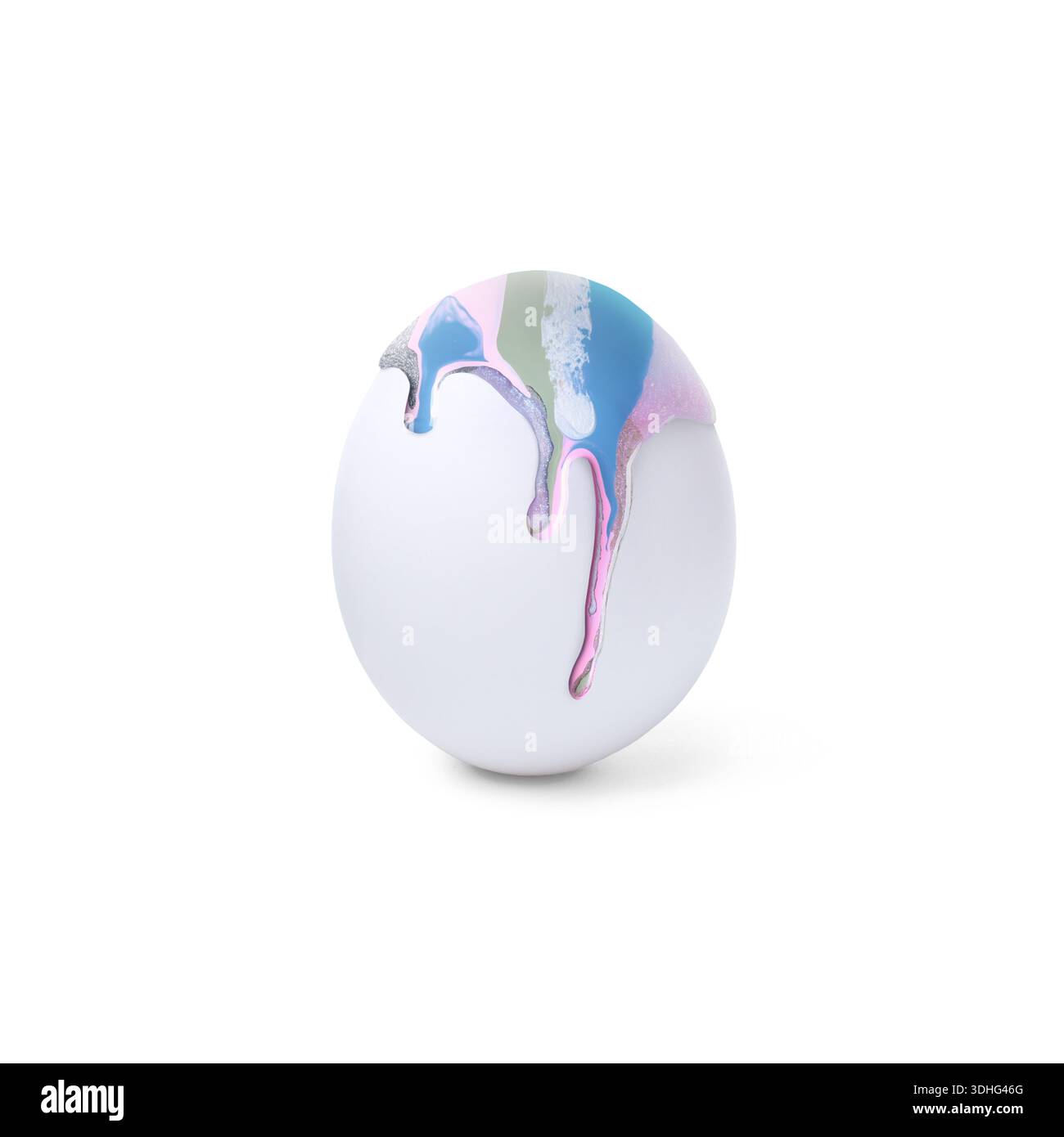 Colorful paint dripping down egg on white background. Easter celebration Stock Photo