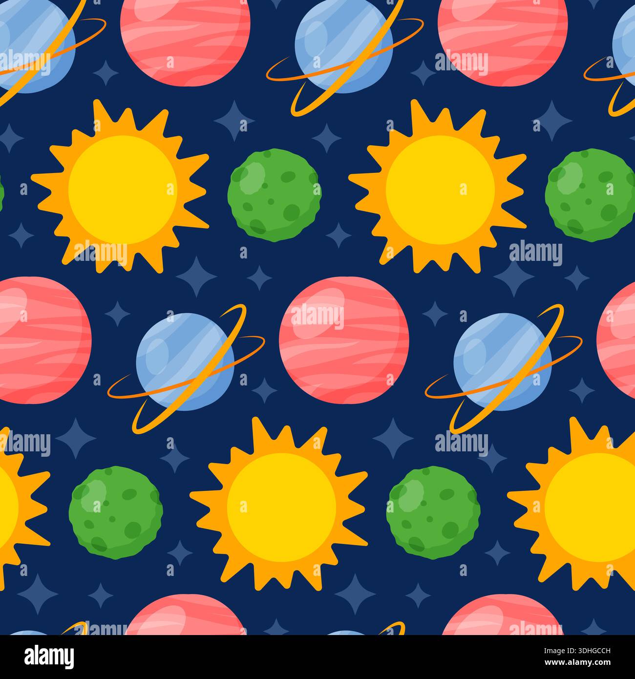 cosmic seamless pattern with suns, planets, stars. Space. Stock Vector