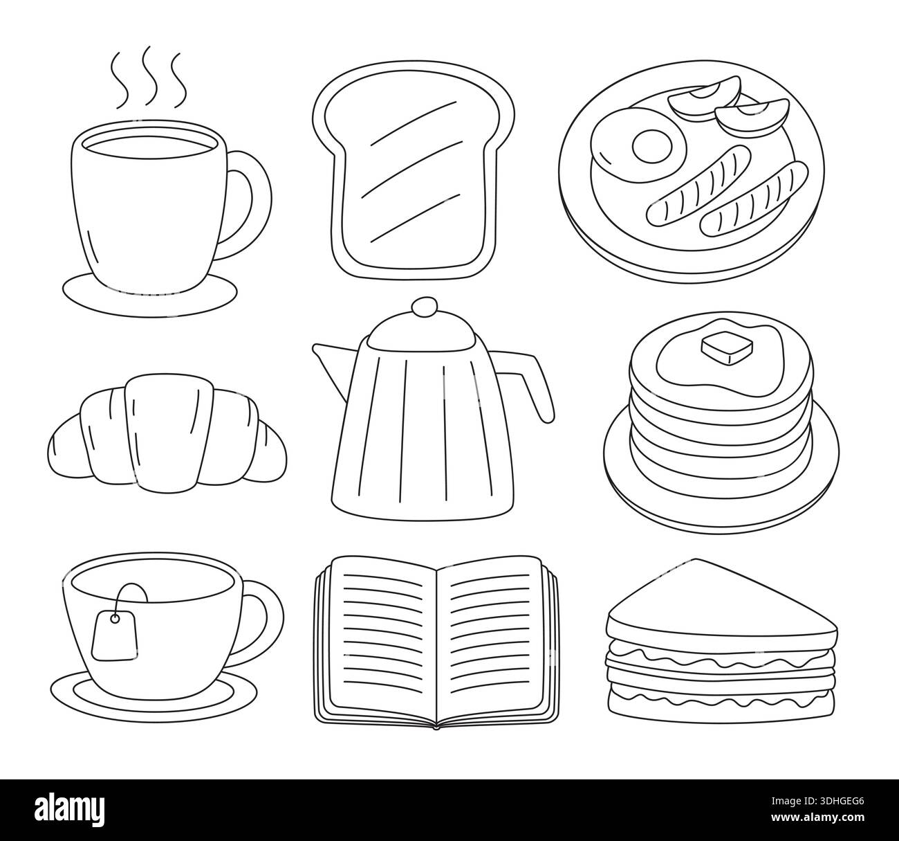 Hand drawn breakfast time set in doodle style. Stock Vector
