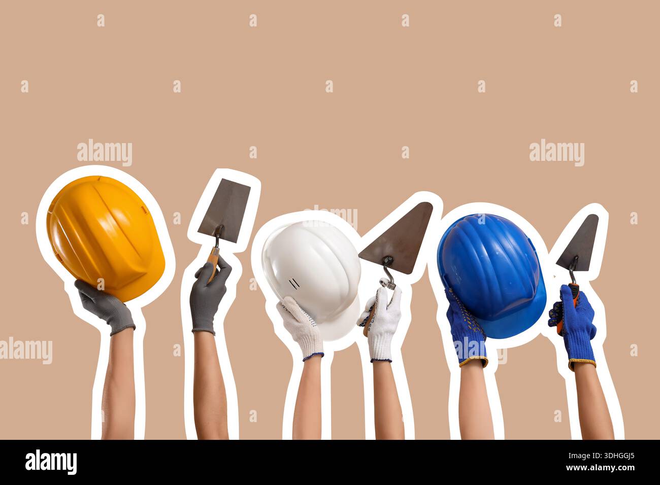 Hands with hardhats and construction tools on beige background Stock Photo